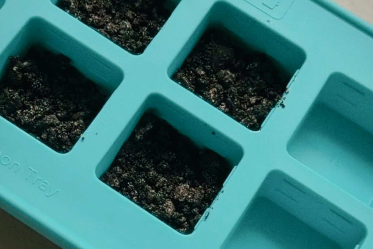 Cookie crumbles added to the bottom of the silicone molds before ice cream is added.