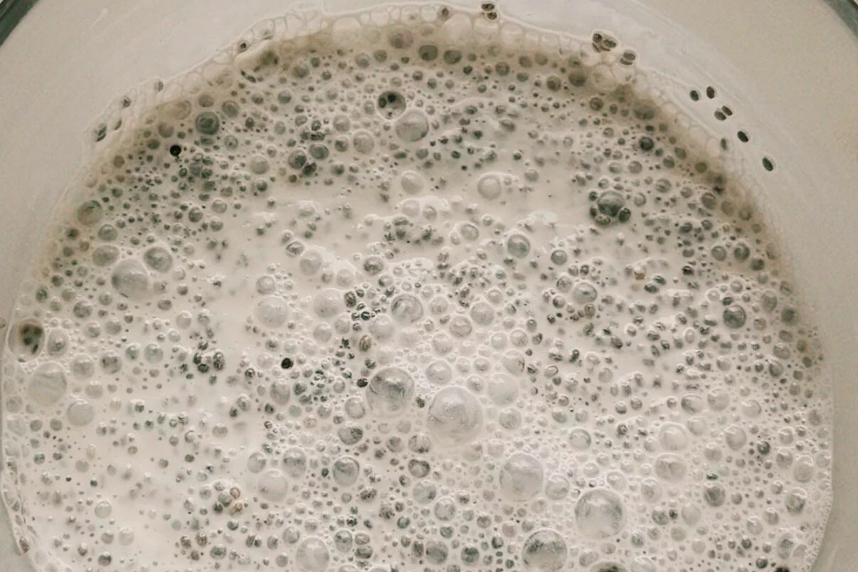 A white ceramic bowl with the ingredients for chia seed pudding before solidifying.