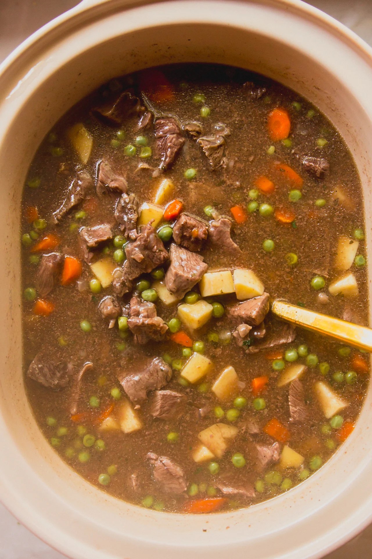Beef stew fully cooked in the slow cooker