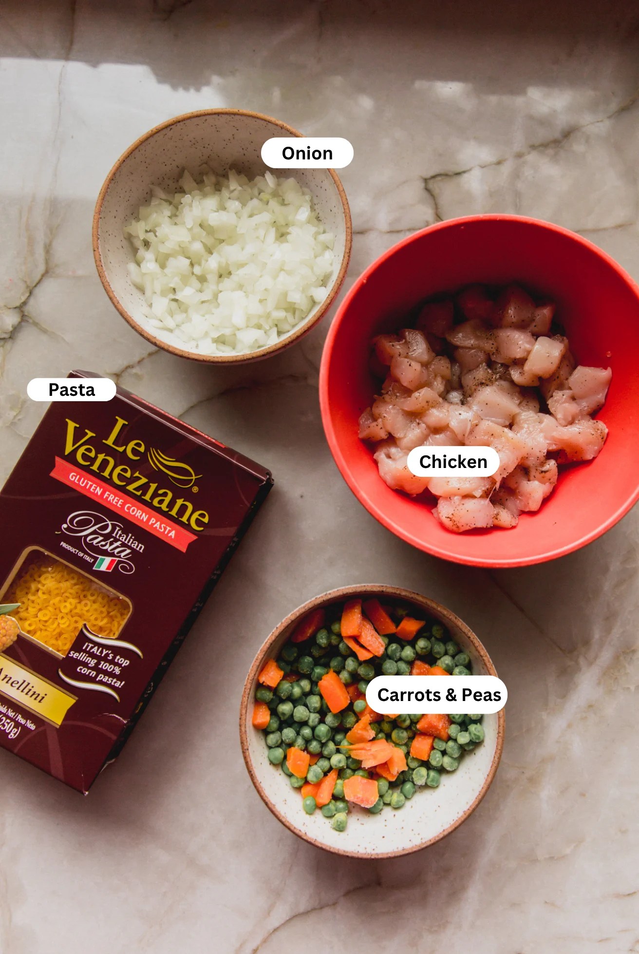 All the ingredients needed to make chicken pot pie spaghettios before making the recipe.