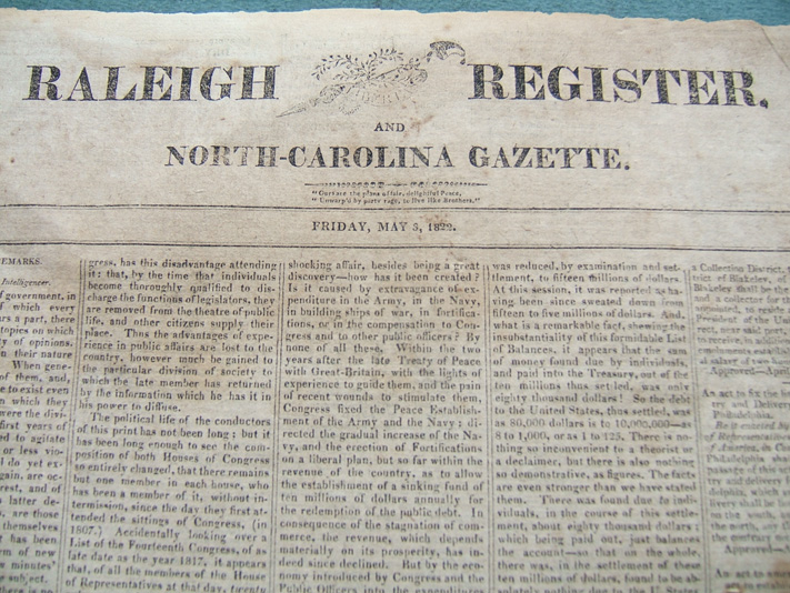 1822 “Raleigh Register and North Carolina Gazette Newspaper Uncle