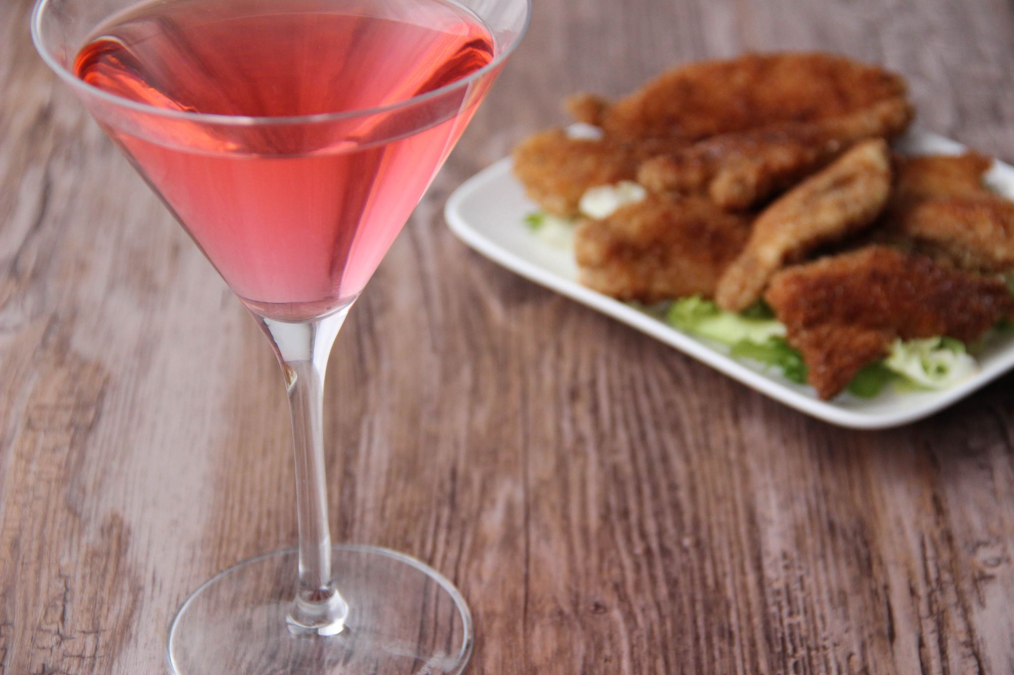 Martini litchi cocktail and Chicken nuggets Undercover Toad