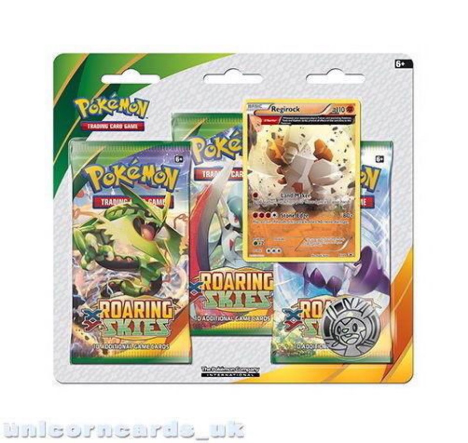 Pokemon TCG XY Roaring Skies 3 Booster Pack Blister Pack + Regirock Card+ Coin Unicorn Cards