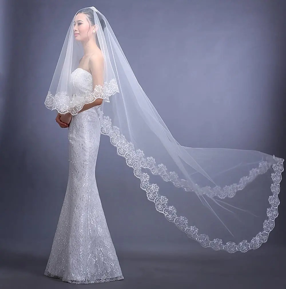 Elegant Appliques Tulle 3 Meters Long Wedding Veil