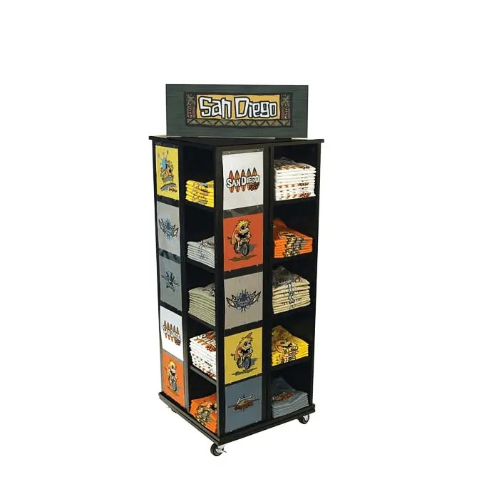 Custom MDF free standing rotatable Tshirt display rack