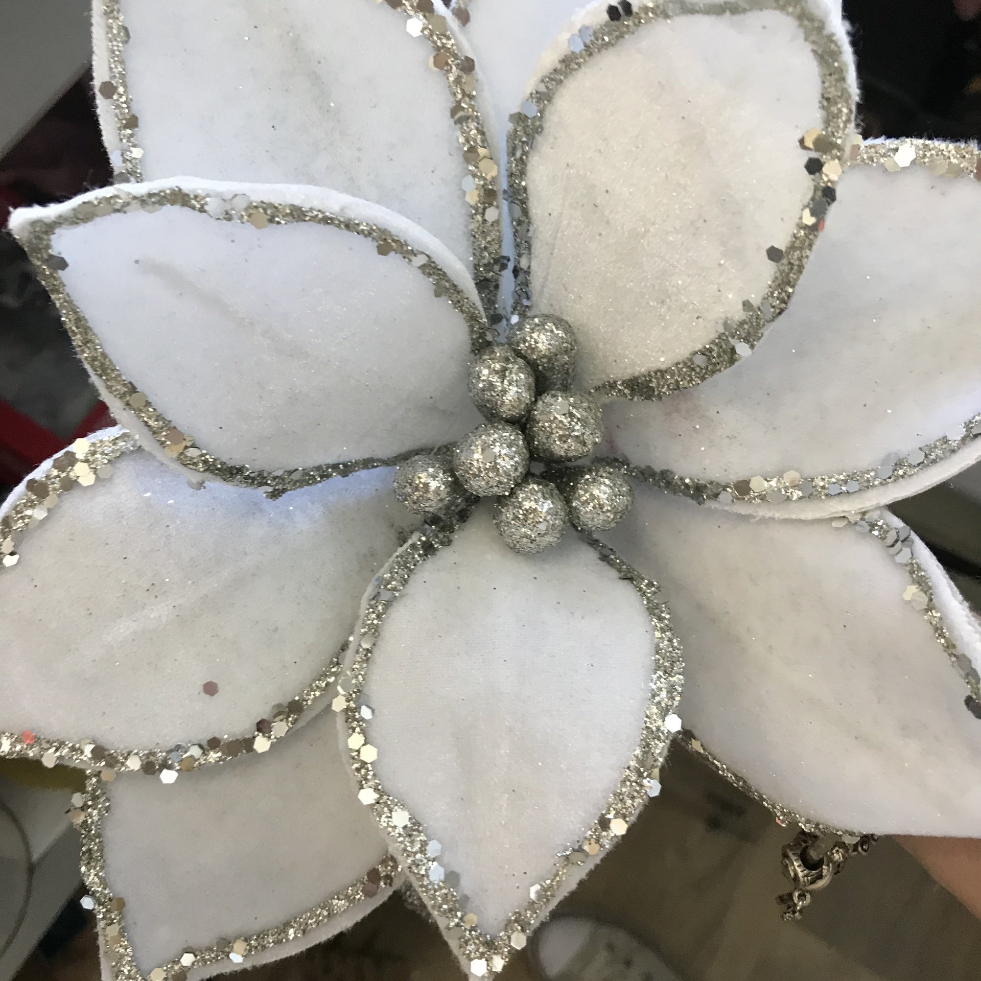 White Flower with Silver Glitter edge Uniquely Christmas
