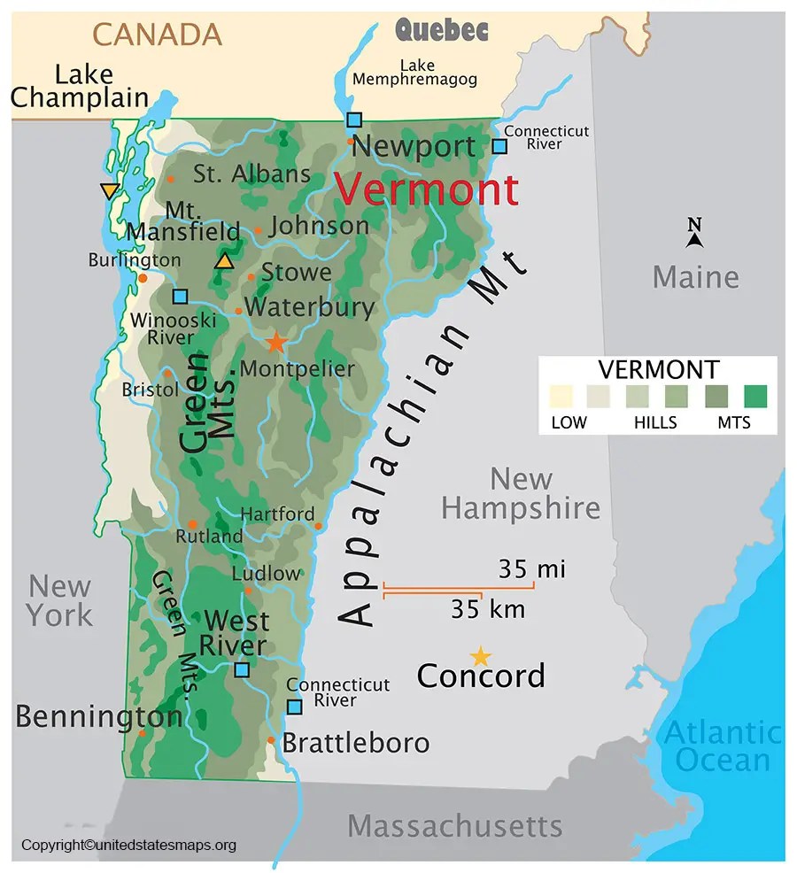 Labeled Vermont Map With Capital And Cities in Pdf