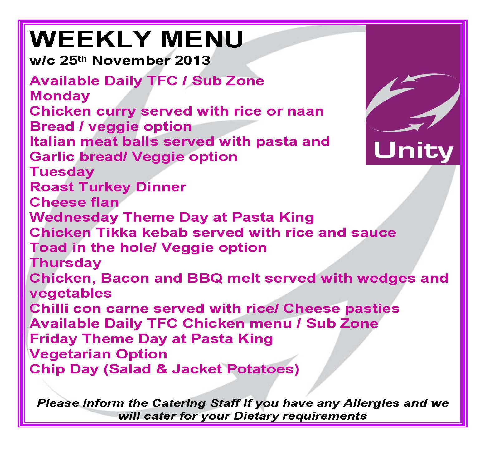 Week commencing 25th November Unity College