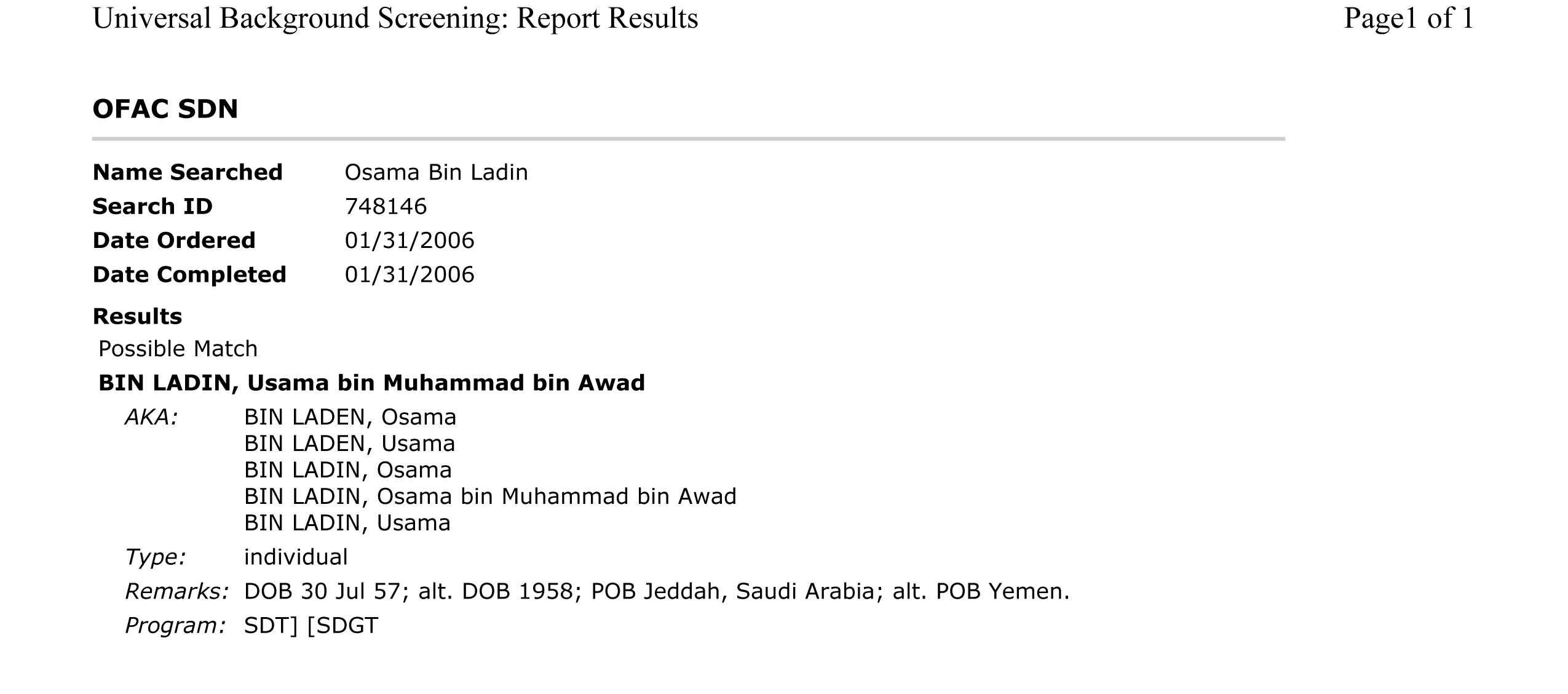 OFAC SDN Search Universal Background Screening