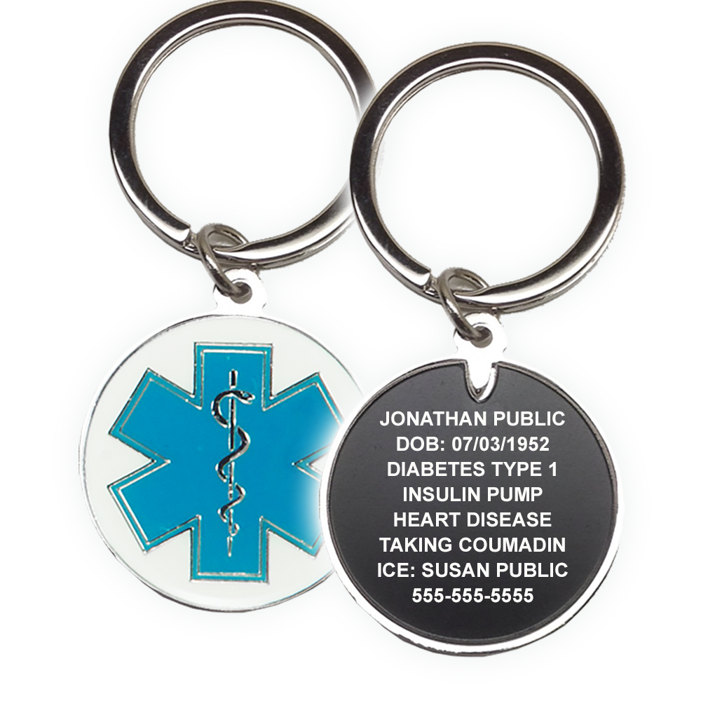 Medical Alert Cloisonné Keychain. Includes 8 Lines Custom Engraving