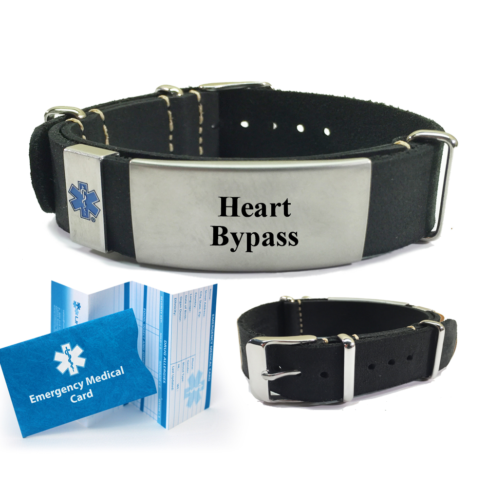 Preengraved “HEART BYPASS” Leather Nato Style Medical Alert