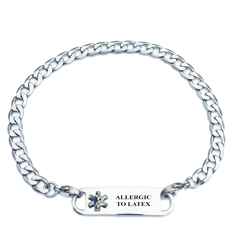 Preengraved “ALLERGIC TO LATEX” stainless steel curb link medical alert bracelet. Choose From a
