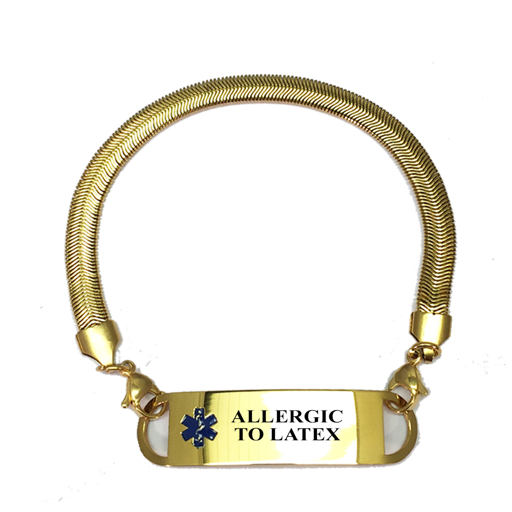 Preengraved “ALLERGIC TO LATEX” gold plated chevron pattern medical alert bracelet. Choose From