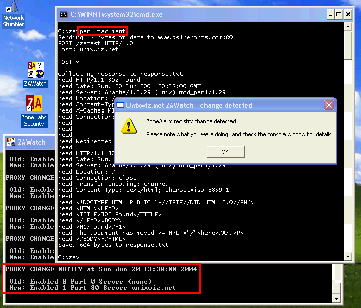 Researching "ZoneAlarm FalseProxy Detection"
