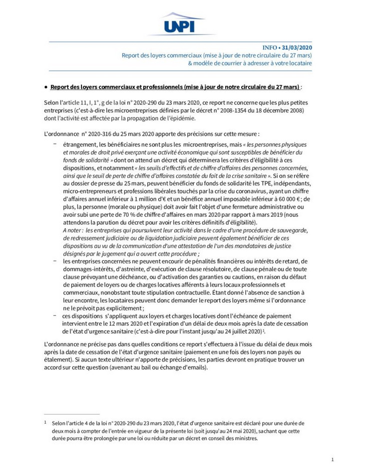 COVID19 Report des loyers commerciaux & modèle de courrier à