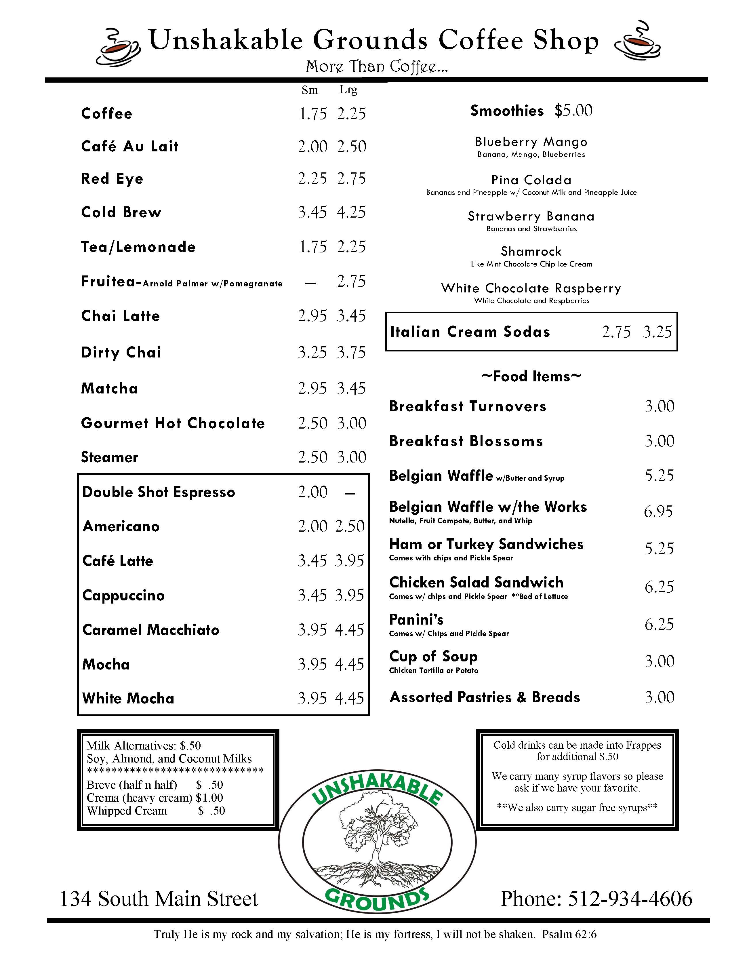 Menu Unshakable Grounds Coffee Shop