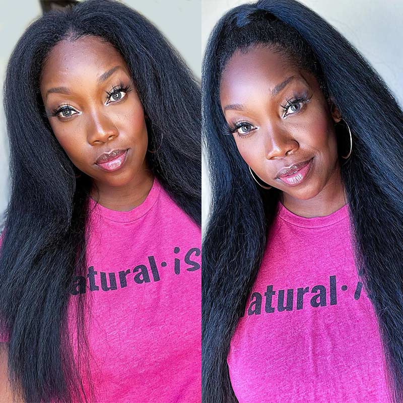 Kinky Straight TPart Lace Wig 180 Density Natural Black Human Hair