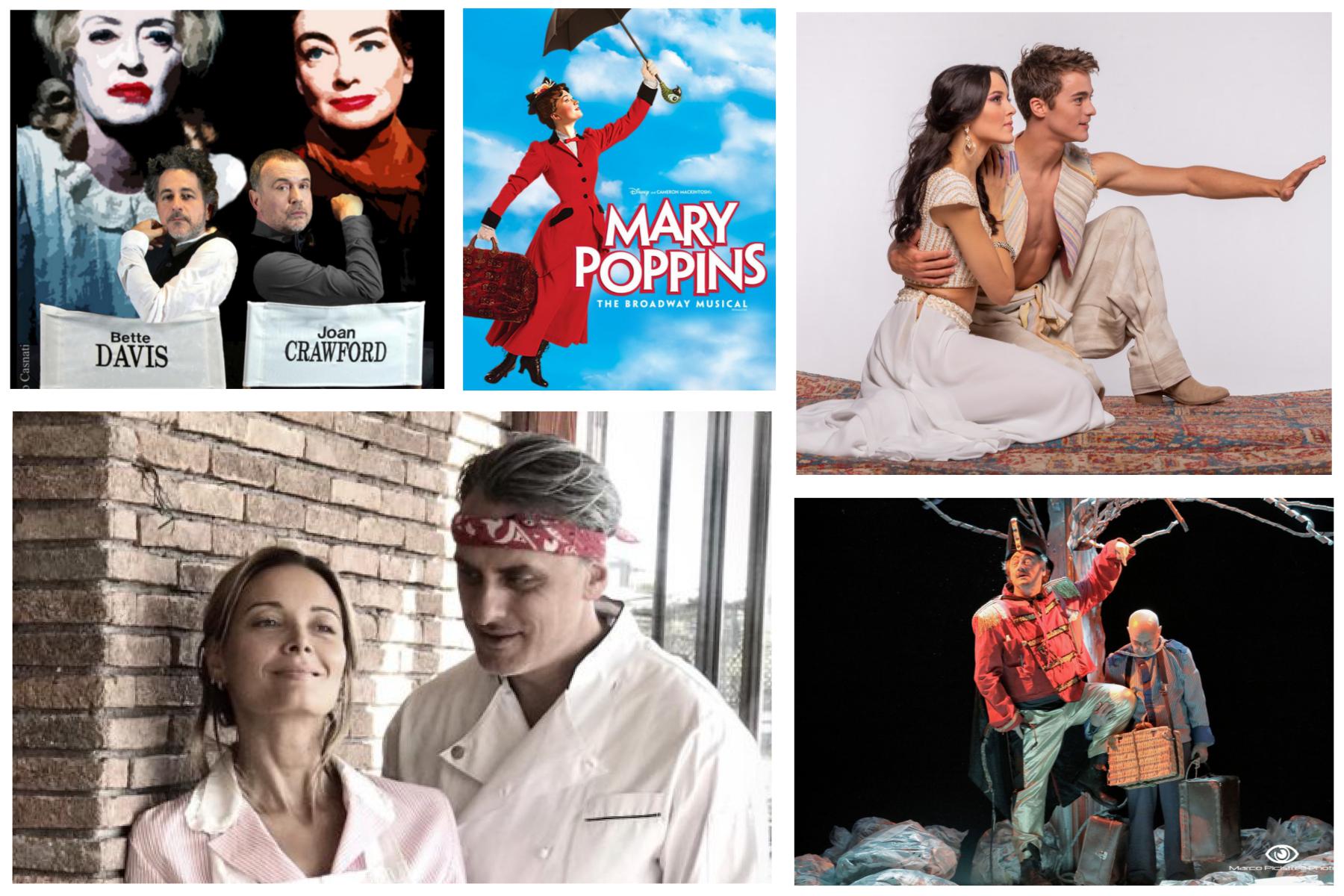 Che fine hanno fatto Bette Davis e Joan Crawford? all'OFF/OFF Theatre, Paura d'amare al Teatro Brancaccino, Aspettando Godot al Teatro Vittoria, Aladin il Musical Geniale al Teatro Brancaccio, Mary Poppins il Musical al Teatro Sistina 