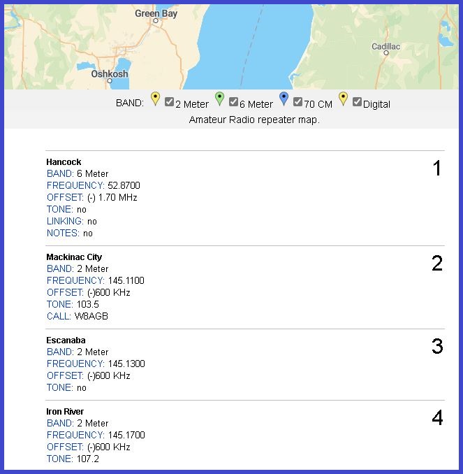 U.P. Repeater Map Upper Peninsula Amateur Radio Repeater Association