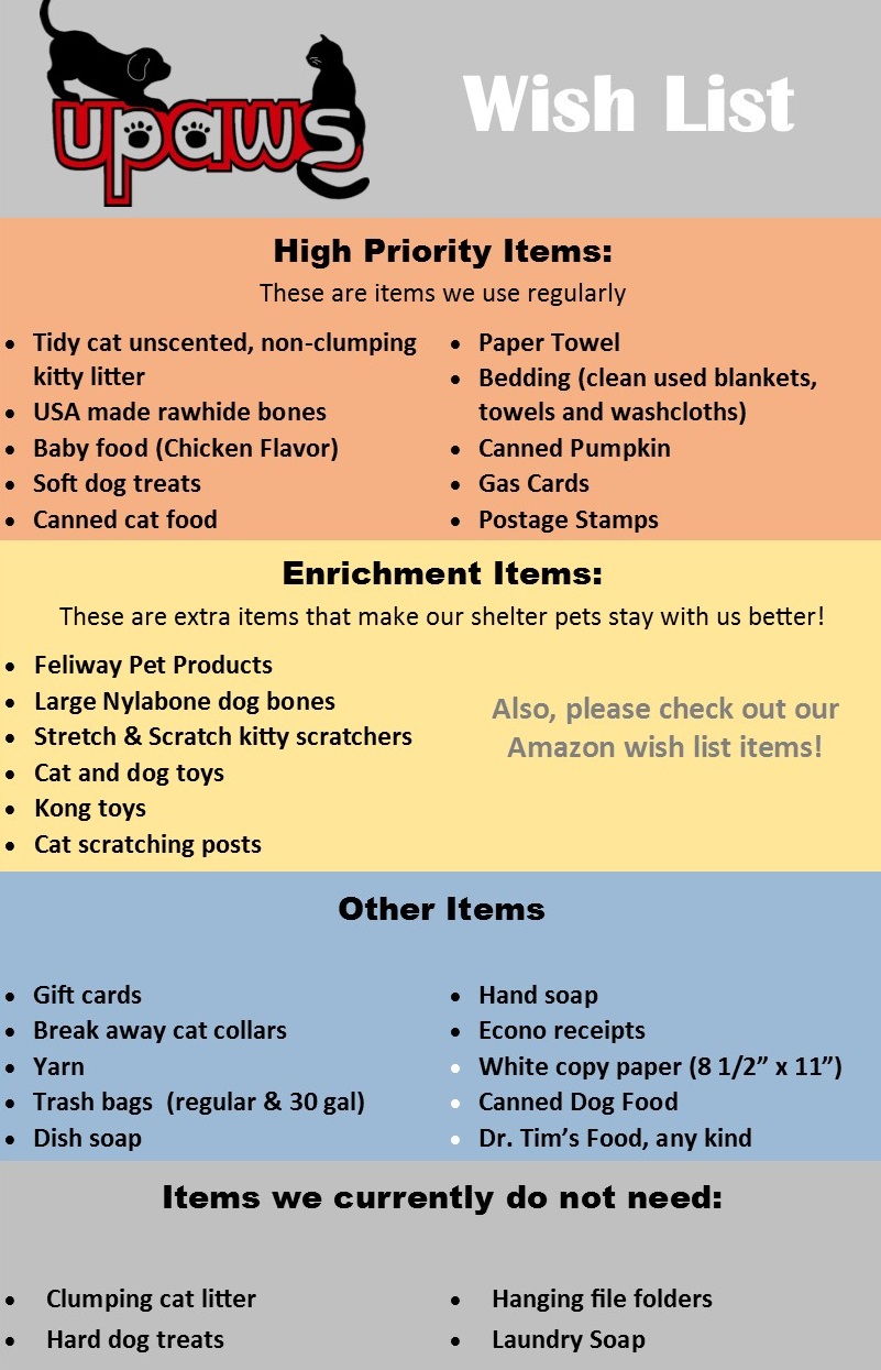 UPAWS Wish List Upper Peninsula Animal Welfare Shelter