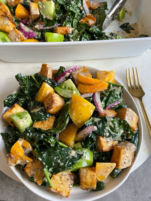 Roasted Tofu Kale Salad with Lemon Poppyseed Dressing Upbeet & Kaleing It