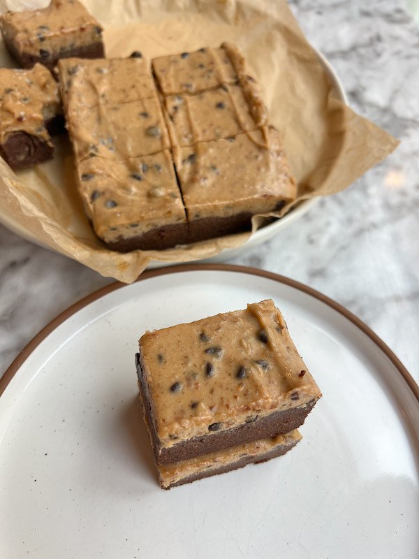 The Best No Bake Healthy Brownies with Cookie Dough Date Caramel
