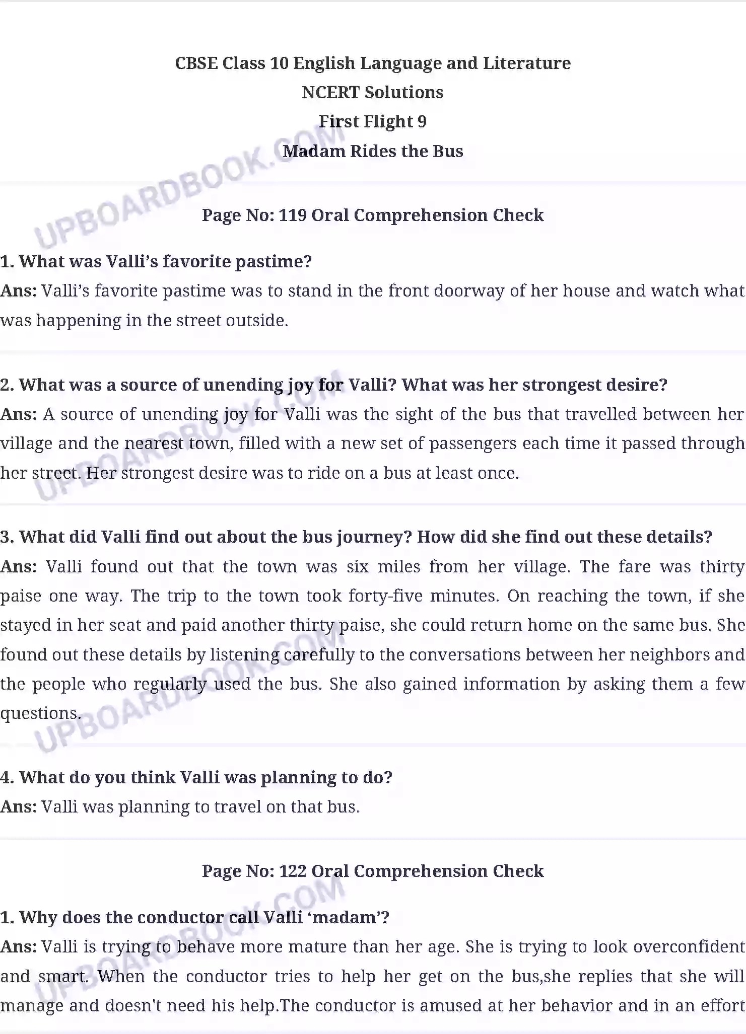 UP Board Class 10 English 9. Madam Rides the Bus Solution PDF