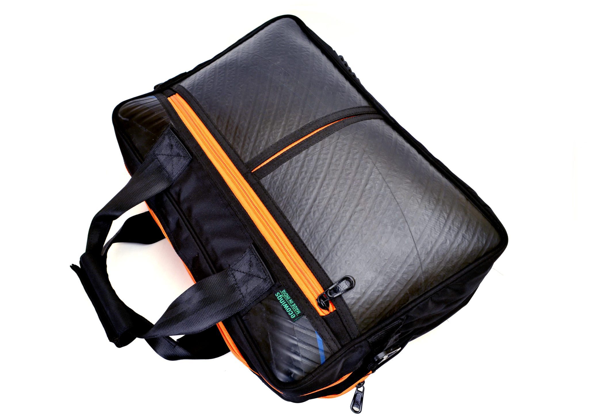 Vegan leather laptop bag Orange Zip Upcycle That