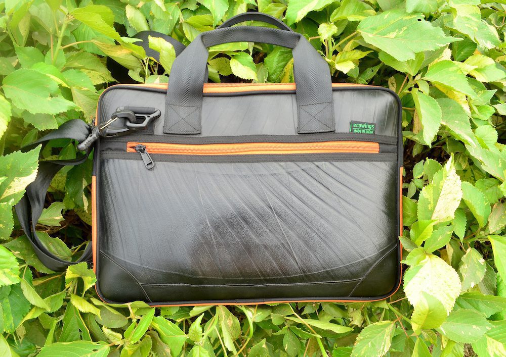 Vegan leather laptop bag Orange Zip Upcycle That