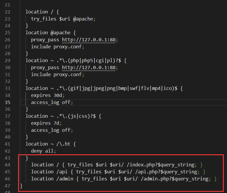 How to config the Nginx conf file under nginx + apache
