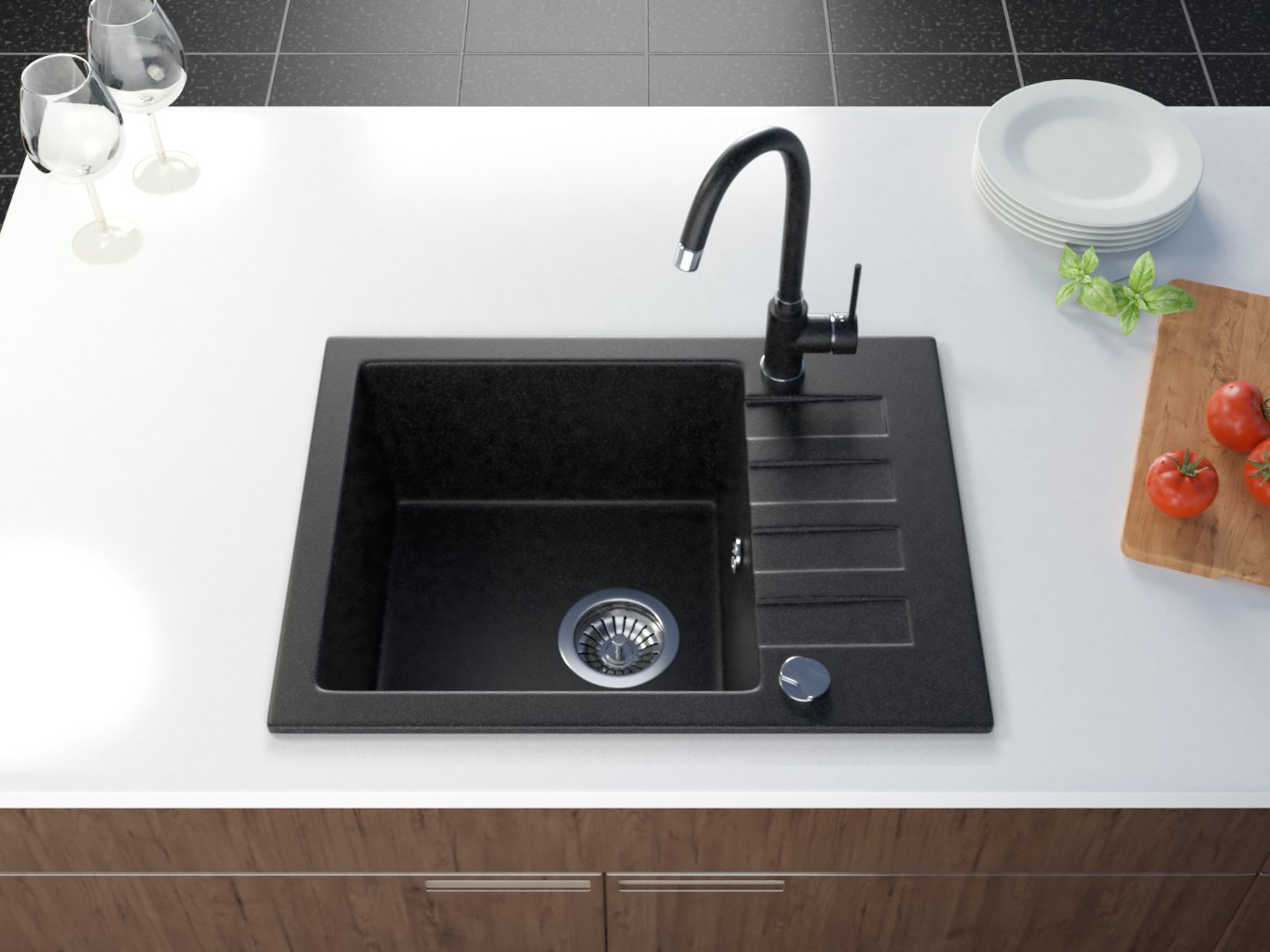 Küchenspüle Granit schwarz, klein Einbauspüle 58x44 cm Spülbecken
