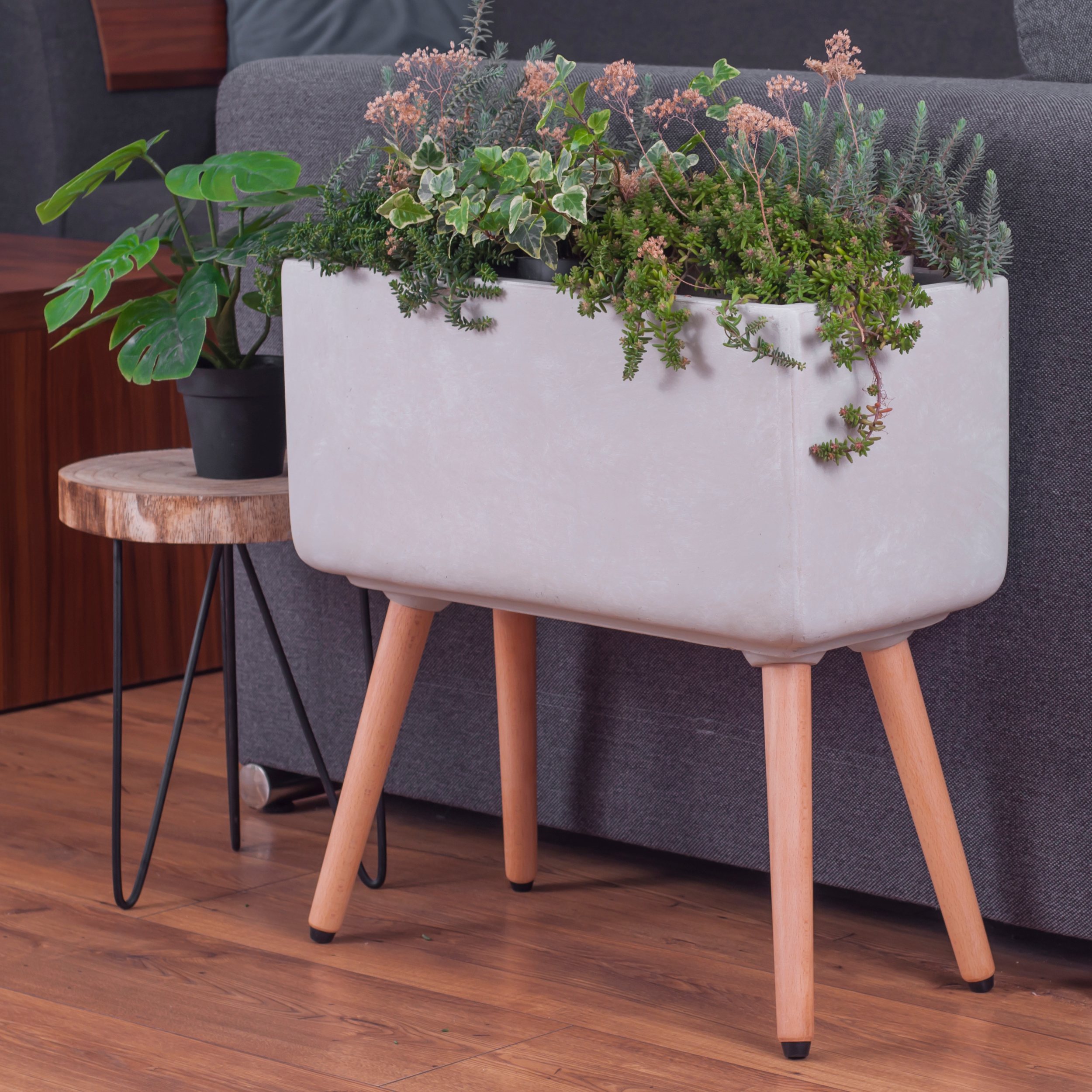 Frei stehender Blumenkasten Retro Vintage Beton Optik Blumentopf Holz