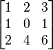 \begin{bmatrix}
1 &  2 &  3\\
1 &  0 &  1\\
2 &  4 &  6\\
\end{bmatrix}