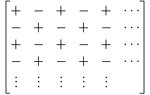 \begin{bmatrix}
+&-&+&-&+&\cdots\\
-&+&-&+&-&\cdots\\
+&-&+&-&+&\cdots\\
-&+&-&+&-&\cdots\\
\vdots&\vdots&\vdots&\vdots&\vdots& \\
\end{bmatrix}