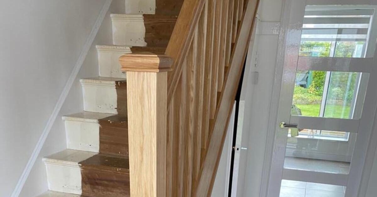 Solid Oak Staircase Renovation Featuring Stop Chamfered Spindles The