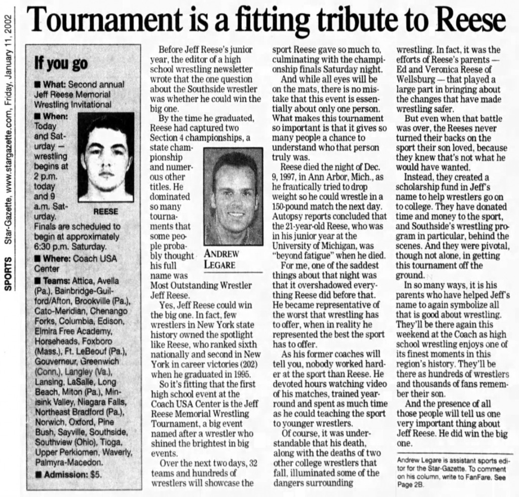 2nd Annual Jeff Reese Memorial Wrestling Tournament