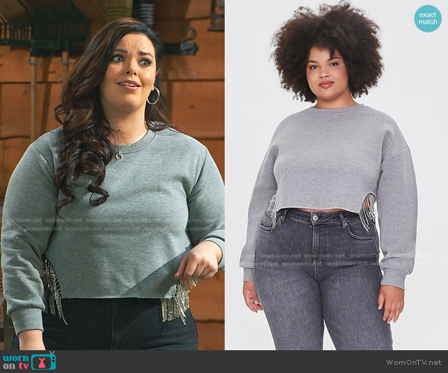 WornOnTV Lou’s grey cropped sweatshirt with side fringe on Bunkd