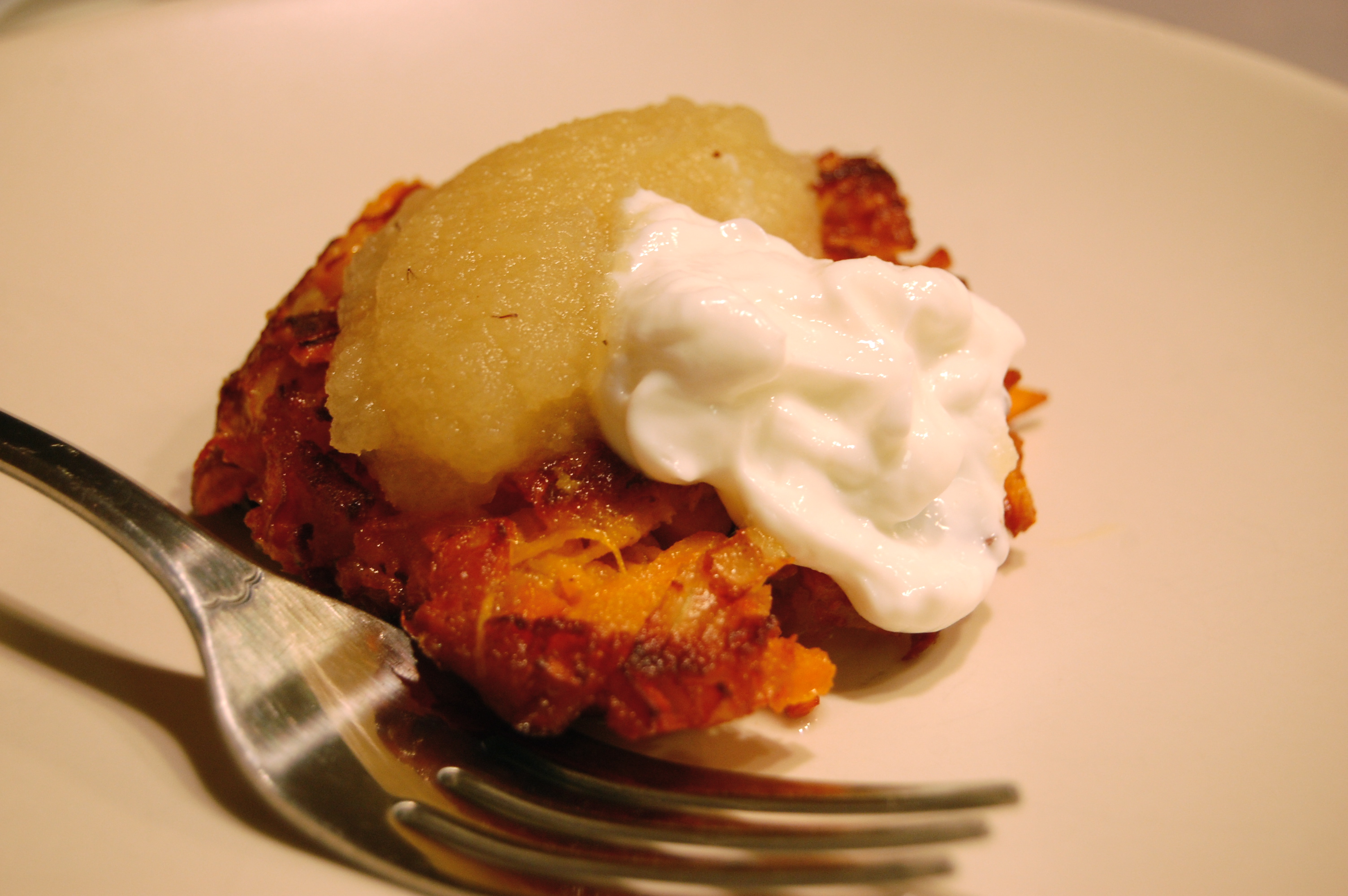 sweet potato apple latke with applesauce sour cream