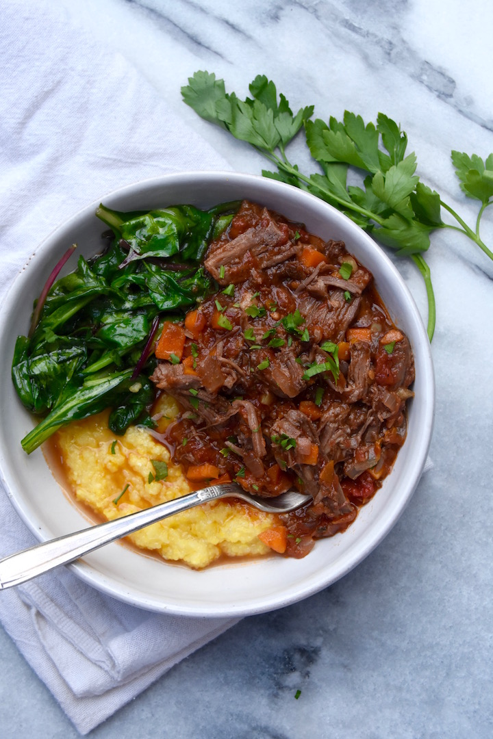 Slow Cooker Short Rib Ragu with Polenta and Wilted Greens Recipe