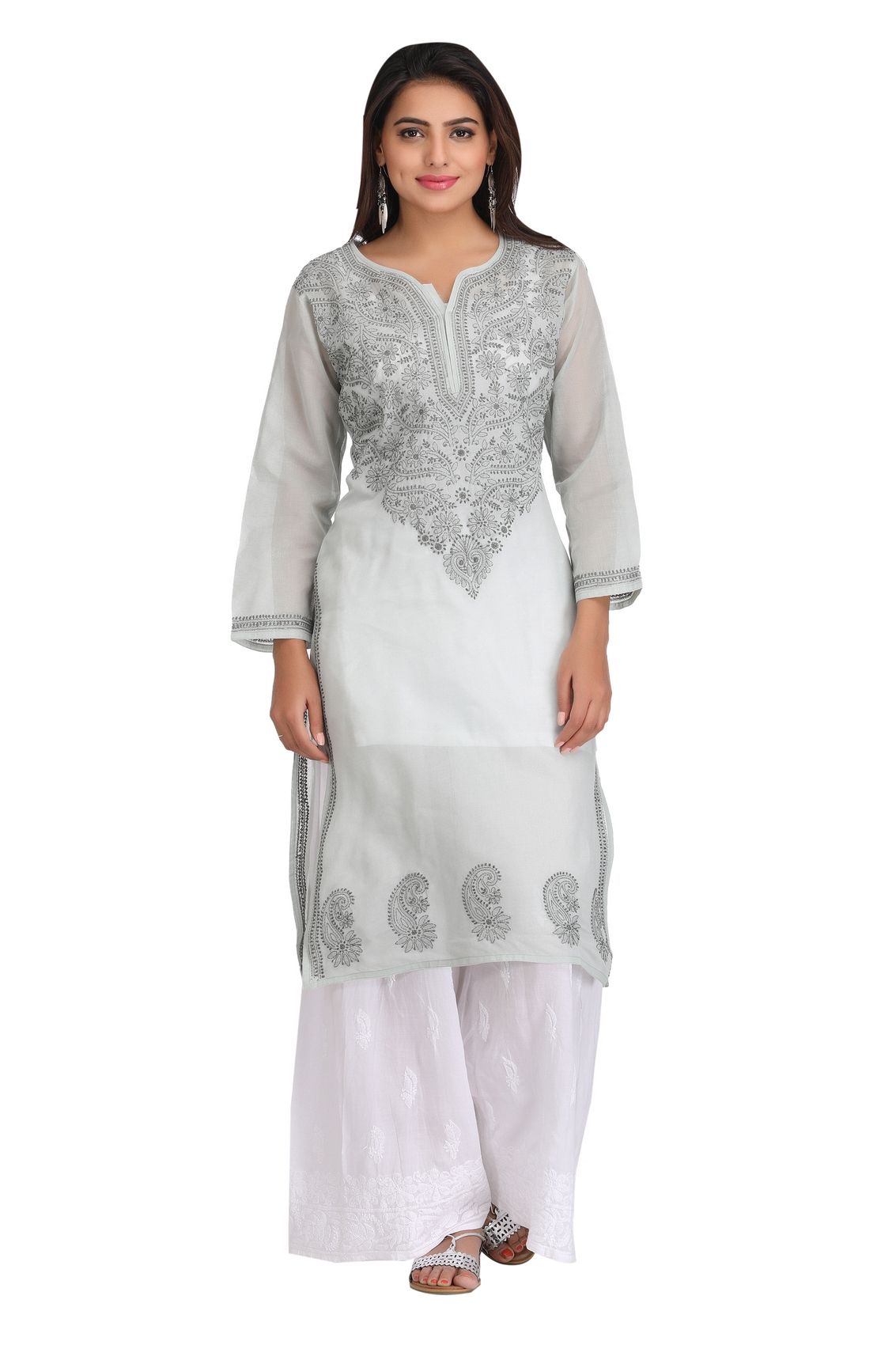 Embroidered Grey Cotton Lucknowi Chikan Kurti Upscalehub