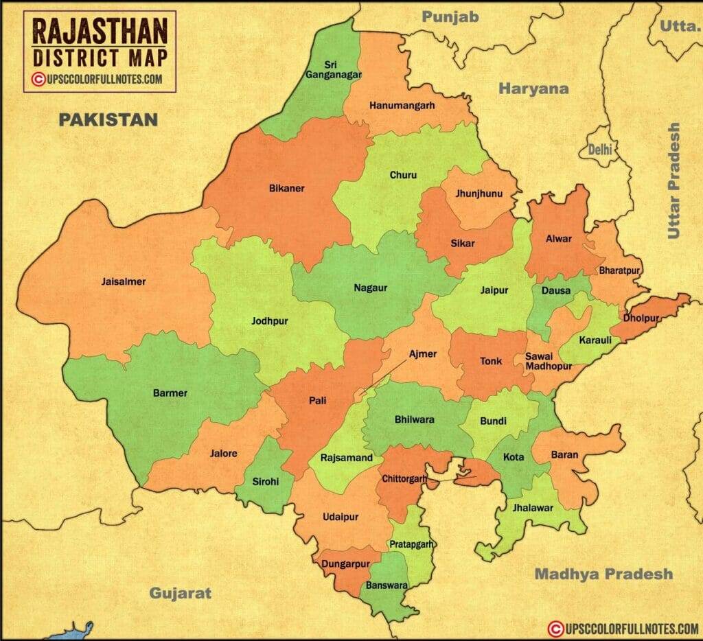 Download Rajasthan Map in HD quality! 2022 UPSC Colorfull notes