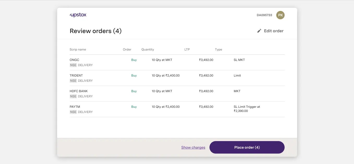 Place Order Upstox Developer API