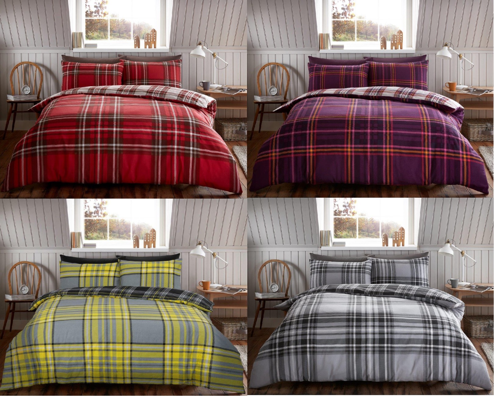 Tartan Check Brushed Cotton Flannelette Duvet Cover Flannel Bedding Set