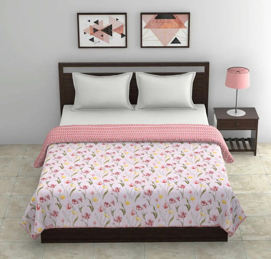 Tulip Double Bed Dohar (100 Cotton, Reversible) Baby Pink