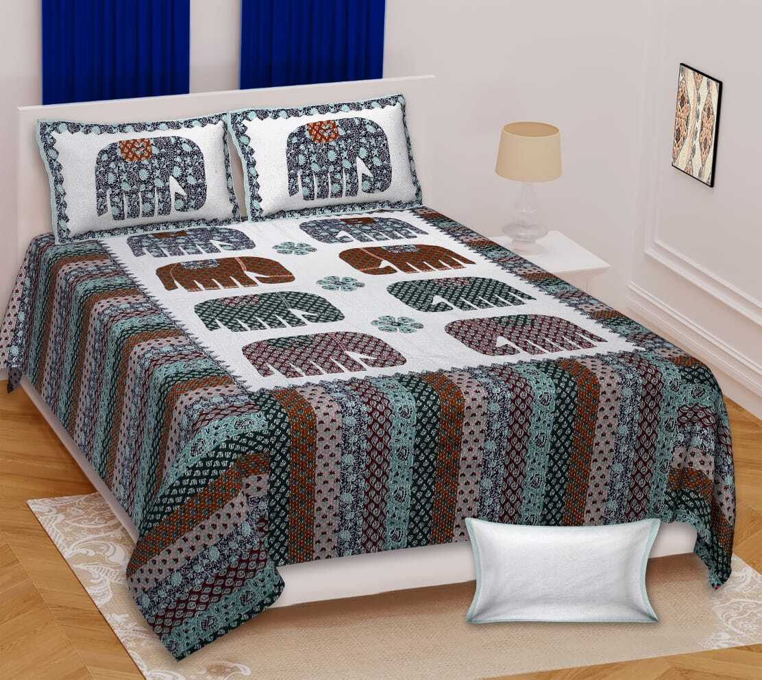 Traditional Barmeri Elephant Print King Size Bedsheet Set of 1, Gray