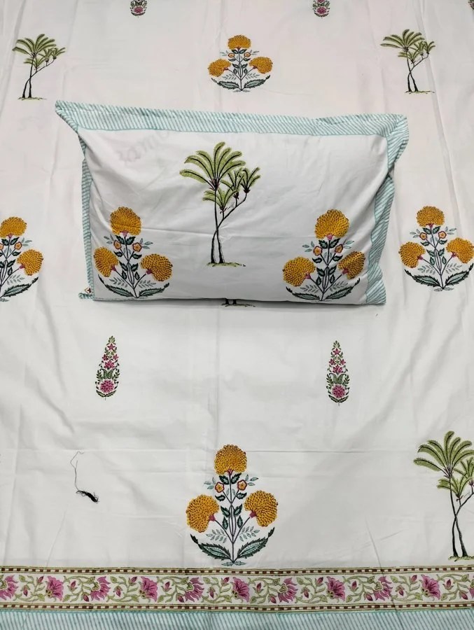 Floral Print Hand Block Bedsheet for Single Bed Yellow, Green Urban