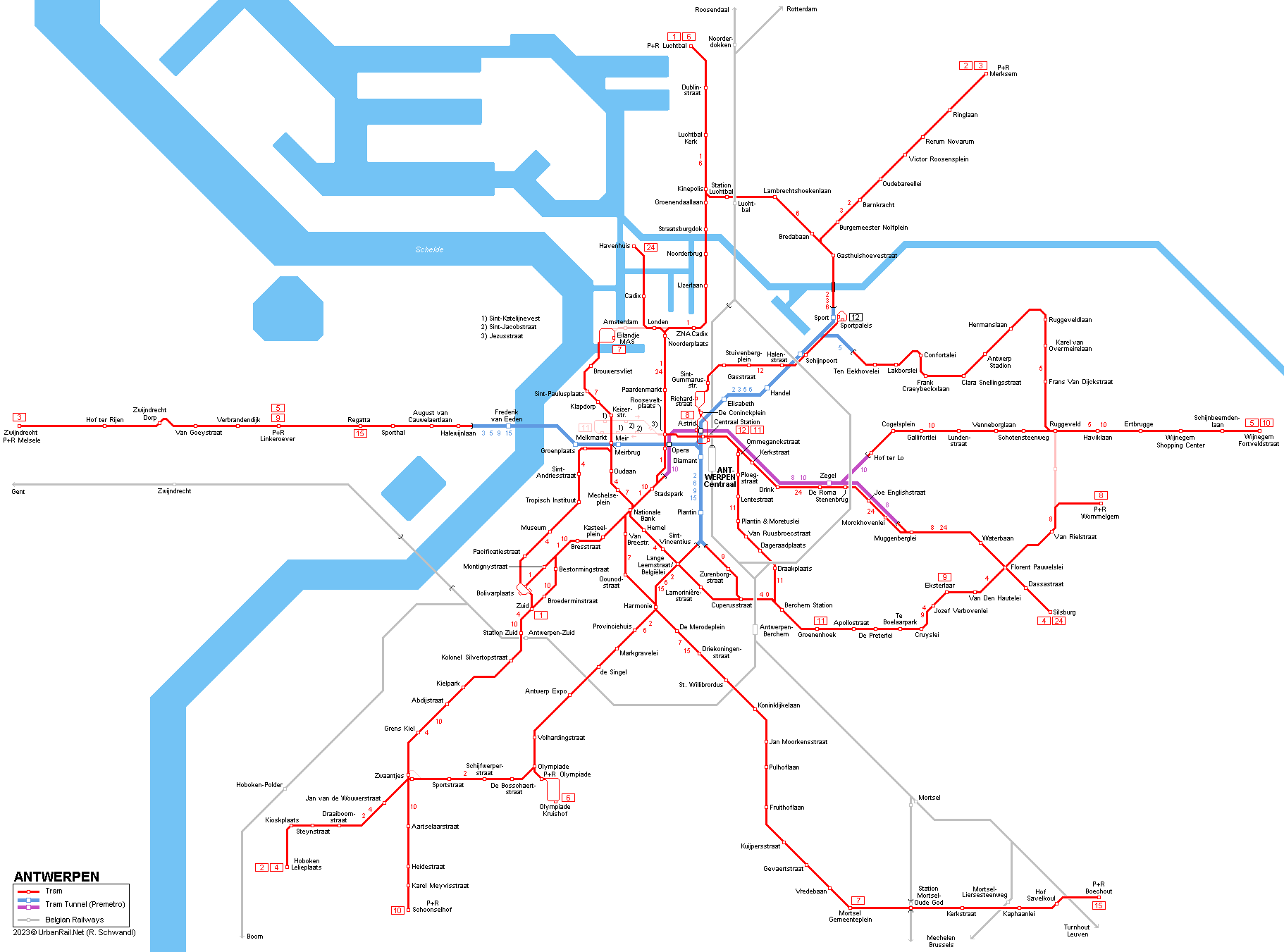 Metro Antwerpen Kaart Van > Europe > Belgium > Antwerpen Tram & Premetro (Light Rail)