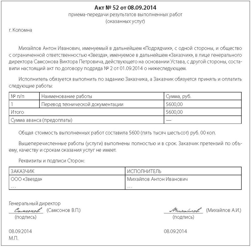 Образец акта выполненных работ по договору подряда