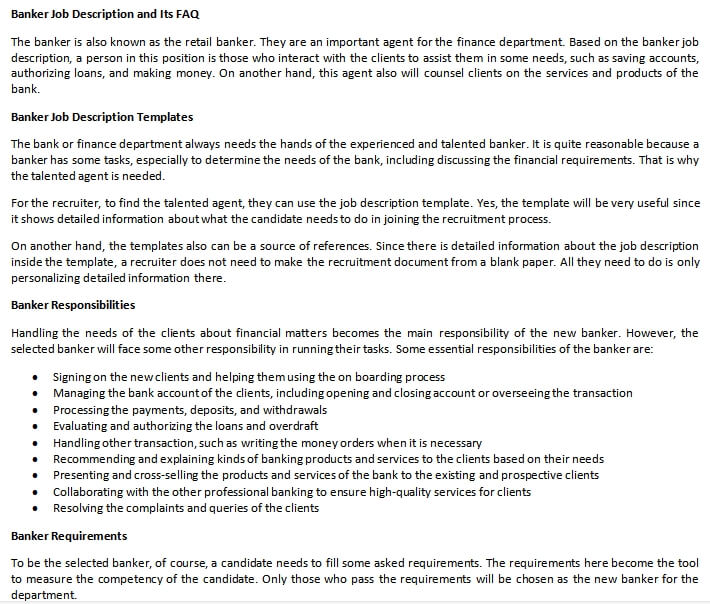 Banker Job Description and Its FAQ room