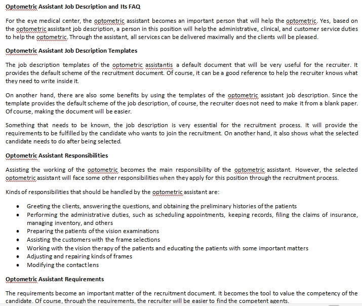 Optometric Assistant Job Description and Its FAQ room